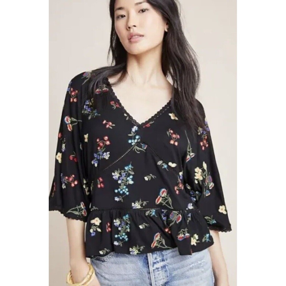 Anthropologie Parvati Embroidered Floral Blouse ,XS Black Jersey,MSRP-$98,NWT